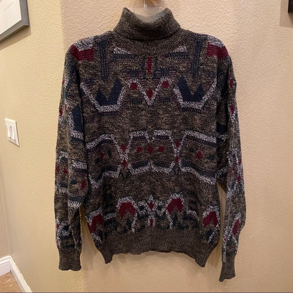 Vintage Patterned Turtleneck Wool Blend Sweater Size Large-Made in Italy - Picture 1 of 7